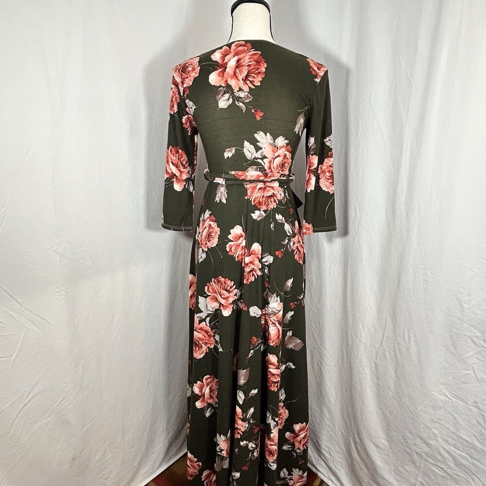 Mother Bee Maternity Green Pink Floral Maxi Dress Soft Stretchy Belted Size Med - Picture 3 of 13